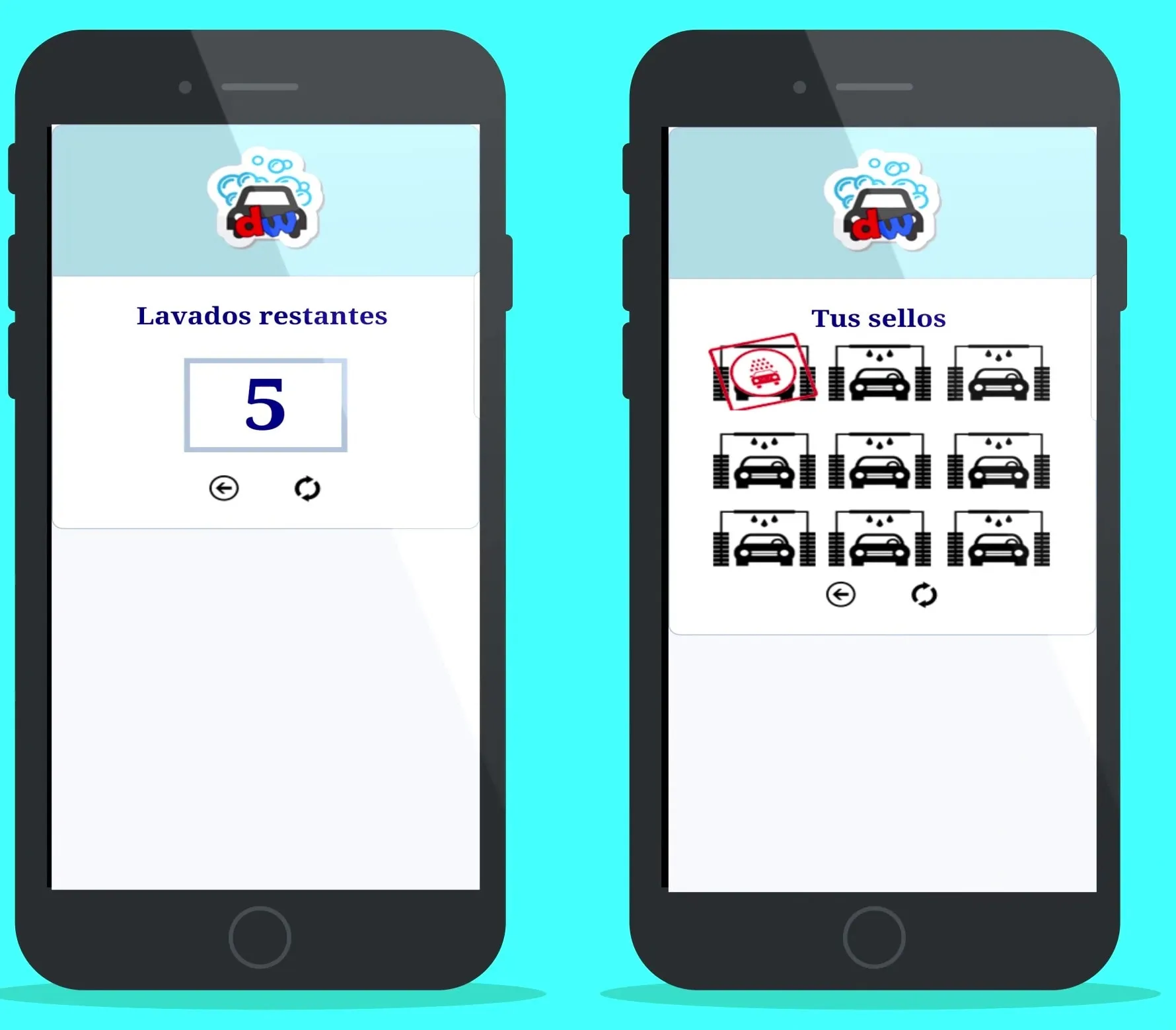 Pantallas de la app de Dynamic Wash mostrando los lavados restantes y los sellos acumulados